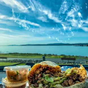 Carne Asada Burrito and a view of Oyster Point.. Te Amo!
