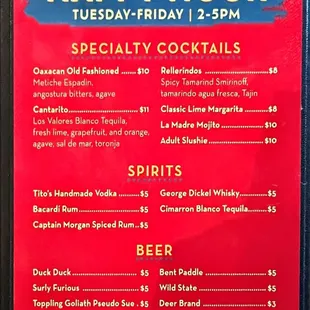 Happy hour drinks menu 6/15/24