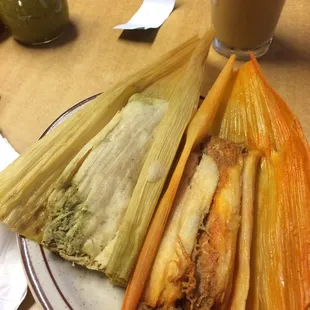 Chicken tamale with green sauce and pork tamale with red sauce.