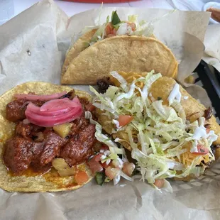 Al Pastor Taco, Gringo Taco, Puffy Ground Beef, Chips And Guacamole