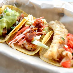 Carnitas, Shrimp and Fish Tacos