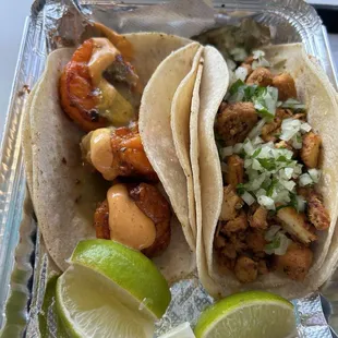 A shrimp and a chicken taco
