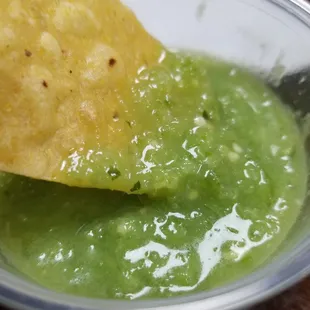 Tomatillo salsa with a little kick. Yummm.