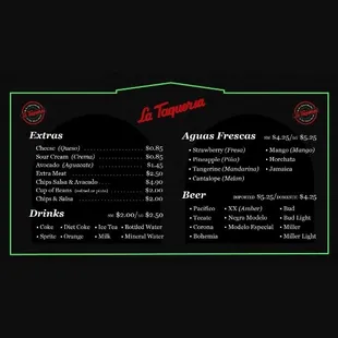 Our drinks and extras menu. Out of tangerine, now serving watermelon.