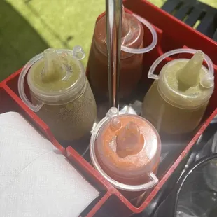 I thought this caddy was a cute idea, to have all of your chiles (salsa) here and napkins, GENIUSES!