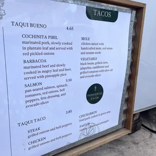 a menu for a taco restaurant