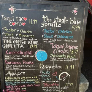 a menu on a blackboard