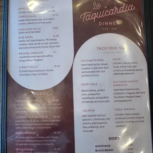 Dinner menu