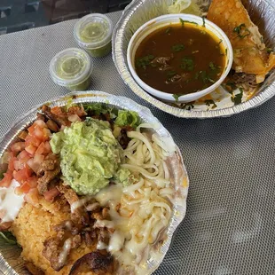 Al pastor burrito bowl with everything, and quesabirria tacos (I ordered two. Ate one before remembering to take a photo).