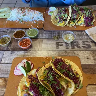 Our shrimp and fish tacos along with corn