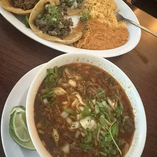 Steak taco plate and Birria ramen.