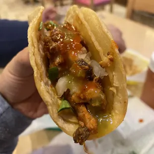 a hand holding a taco