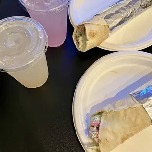 Clockwise from left: Rose Lemonade, Lavender Lemonade, Shawarma Wrap, Falafel Wrap