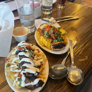 Pincho de Solomillo(beef tenderloin) and pincho de pollo y chorizo (chicken and chorizo with Spanish rice)