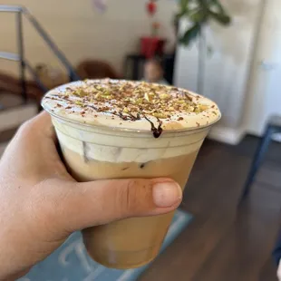 Custom latte with pistachio cold foam