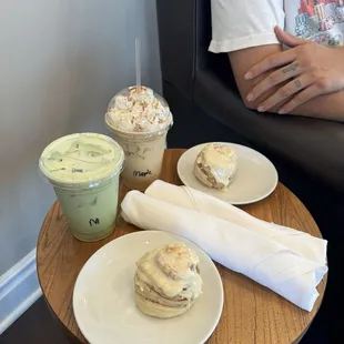 iced matcha + cinnamon roll + iced maple cinnamon latte