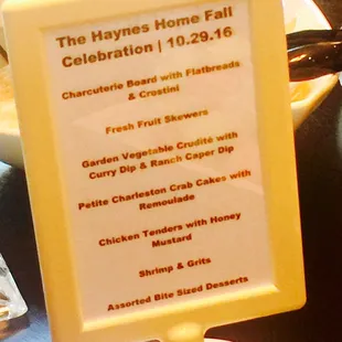 Printed Menu for the table