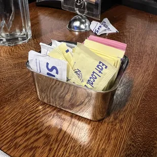 They don't have sugar, shakers or salt and pepper shakers.