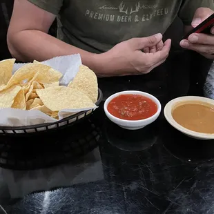 Chips, salsa, and bean sauce