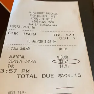 Notice &quot;service charge&quot; - automatic gratuity