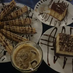 Desserts a plenty: fried ice cream and churros, flan and Impossible Flan, plus a delicious Mexican Coffee