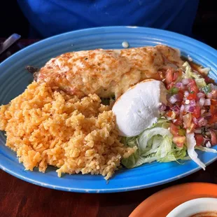 Fajita Burrito with rice and salad