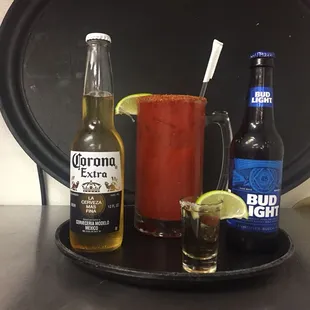 Corona,Michelada,Bud light,tequila Shots