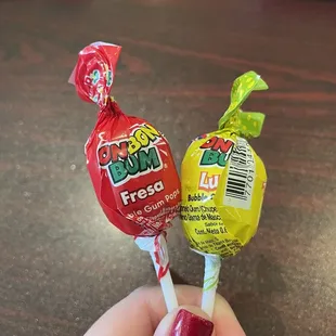 a hand holding two lollipops