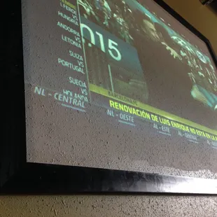 The projection TV is aimed right at the white stucco wall. But it works!