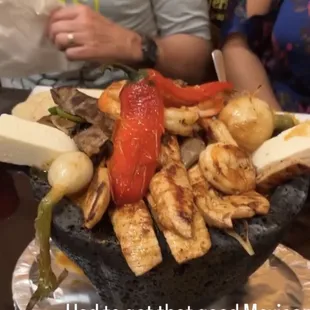 The Molcajete Jalisco, with steak, chicken, and shrimp!