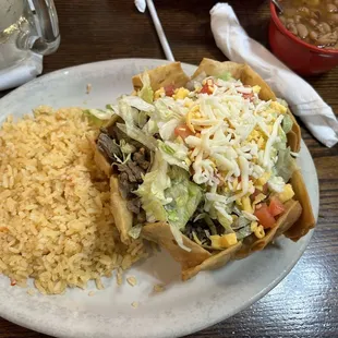Taco salad and charro beans