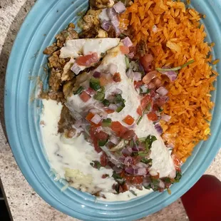 Don José burrito with rice and beans covered in melted cheese