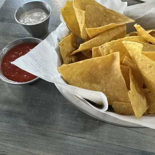 Chips salsa and white sauce