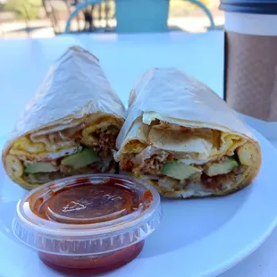 Breakfast burrito and strawberry white mocha