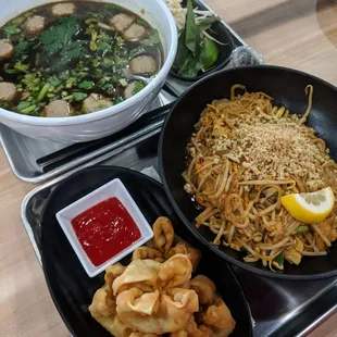 Chicken pad Thai, Thai noodle soup and crab rangoon