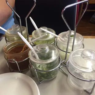 Salsa rack with cilantro and onions.