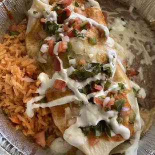 Shrimp burrito to-go with rice and beans