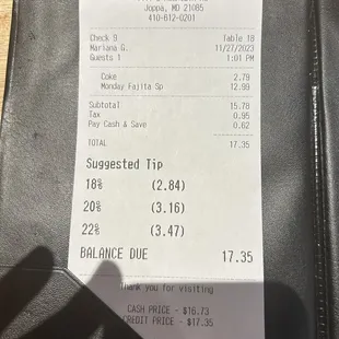a receipt for a restaurant