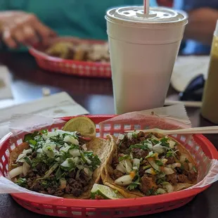 Asada and Pastor Street tacos. Horchata.