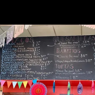 Menu- Tacos, quesadillas, burritos, tortas