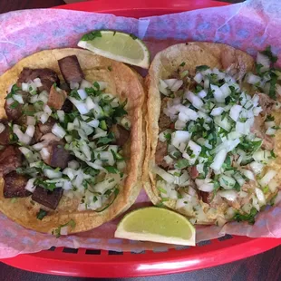 Dos tacos! Lengua (L) and Carnitas (R)