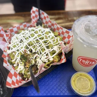 Loaded Fries and Agua Fresca de Limón con Chia