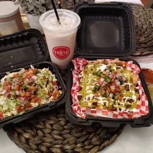 3 chicken taquitos (left side plate) Horchata drink. Asada loaded fries (right side plate).