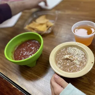 Beans, salsa, chips &amp; papaya juice