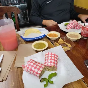 Breakfast burrito, dipping sauces and watermelon fresca!