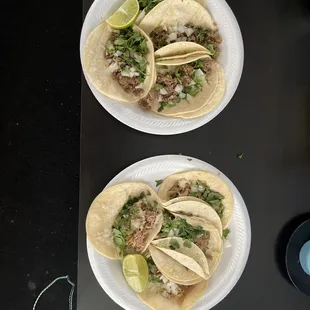 Beef tacos on the left and Carnitas tacos.