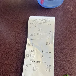 the receipt for the restaurant