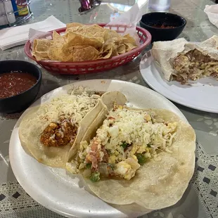 chorizo taco's and ham, egg and cheese burrito