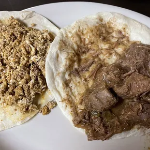 Chorizo and egg, carne guisada breakfast tacos. Huge!