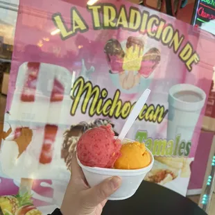 Strawberry, mango, and passion fruit ice cream